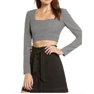 WAYF Houndstooth Long Sleeve Cropped Top XS Polyester Rayon & Spandex